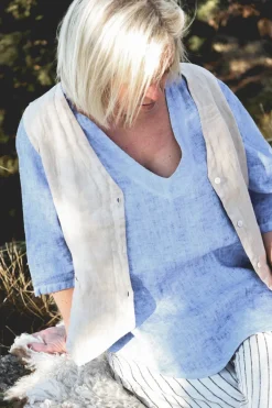 Attitude V-Neck Fancy Linen Blouse, Washed Slate Blue