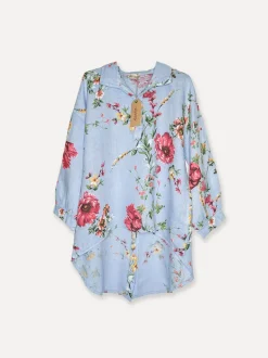 Daisy Attitude Flowery Linen Blouse, Sky Blue