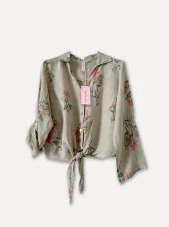 Flowery Beach Princess Linen Blouse, Beige