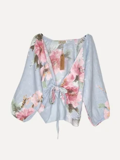 Knot Linen Shirt Flowery Attitude, Sky Blue