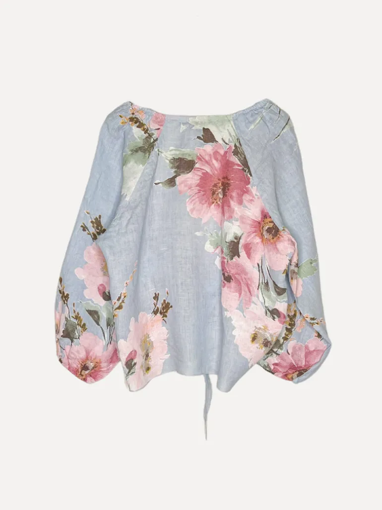 Knot Linen Shirt Flowery Attitude, Sky Blue
