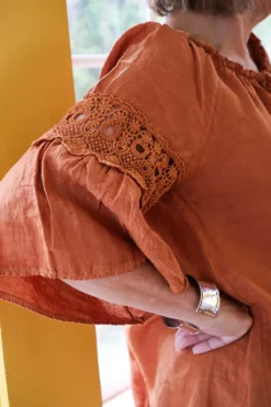 Lace Romance Linen Blouse, Sepia Brown