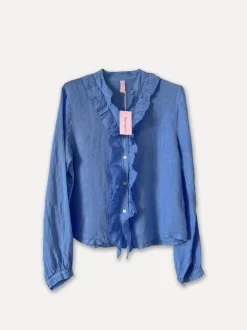 Liddy Front Linen Blouse, Sea Blue