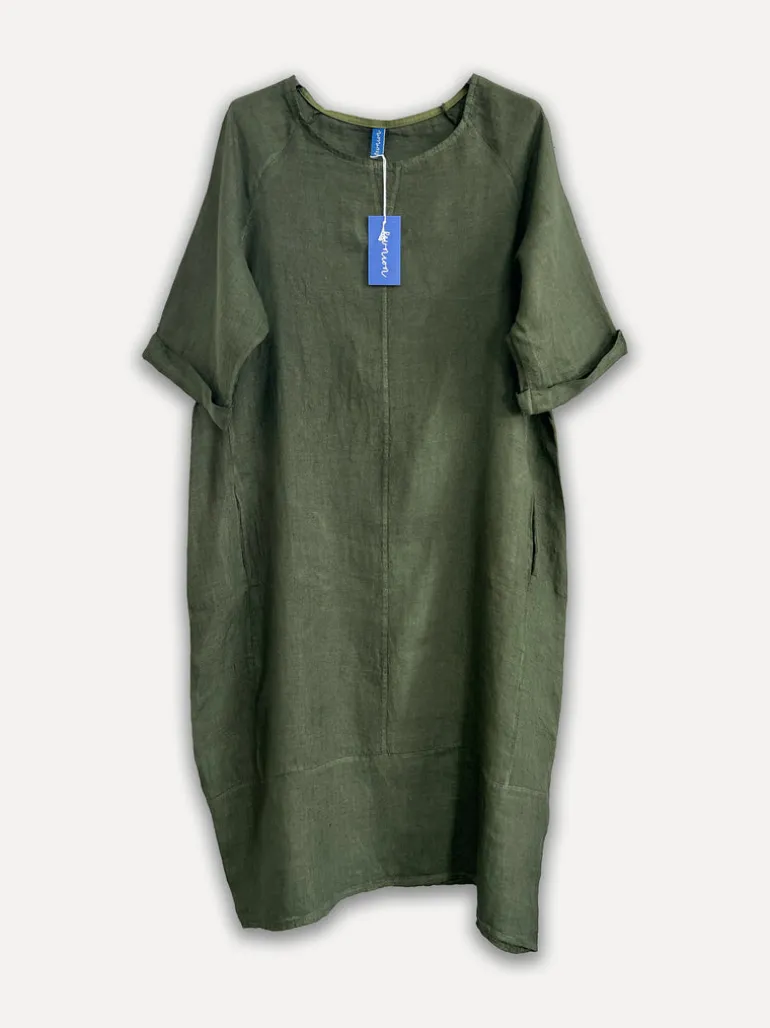 Perla Winter Linen Dress, Dark Green