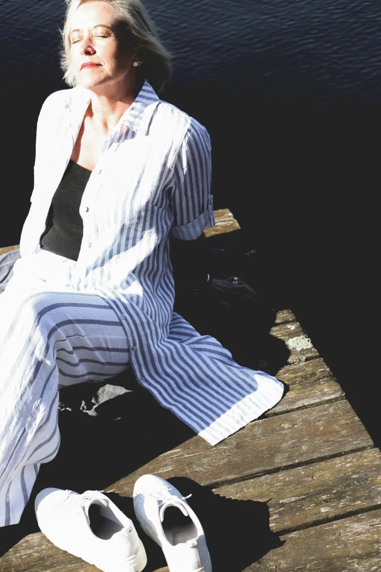 Savona Striped Attitude Linen Dress, Navy