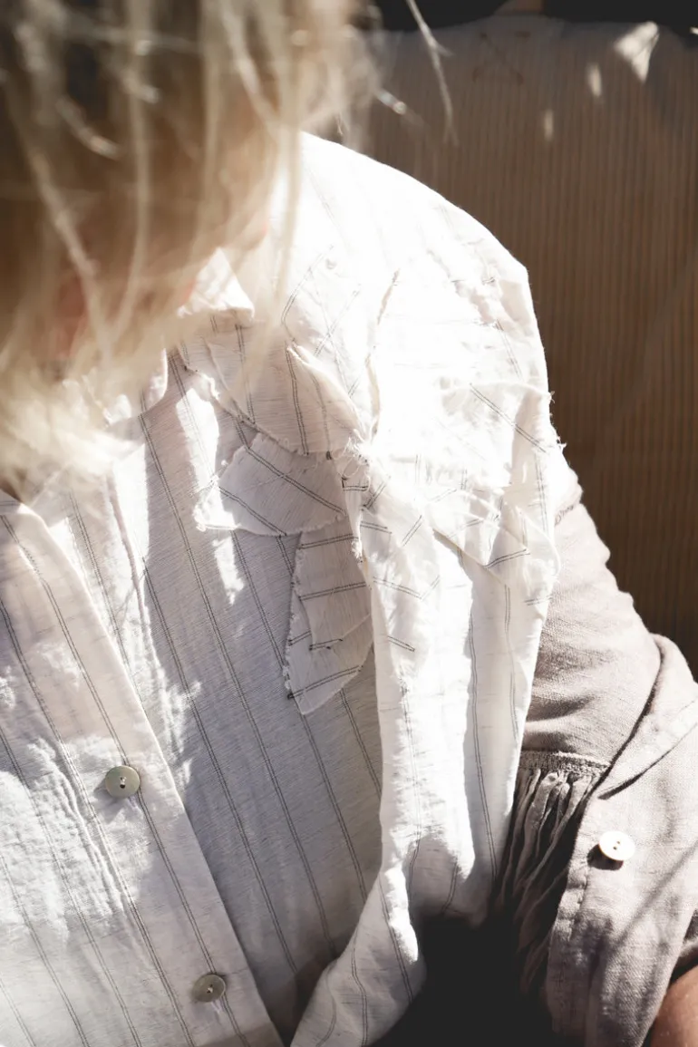 Striped Flower Attitude Linen Blouse, Beige