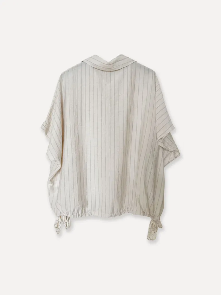 Striped Flower Attitude Linen Blouse, Beige