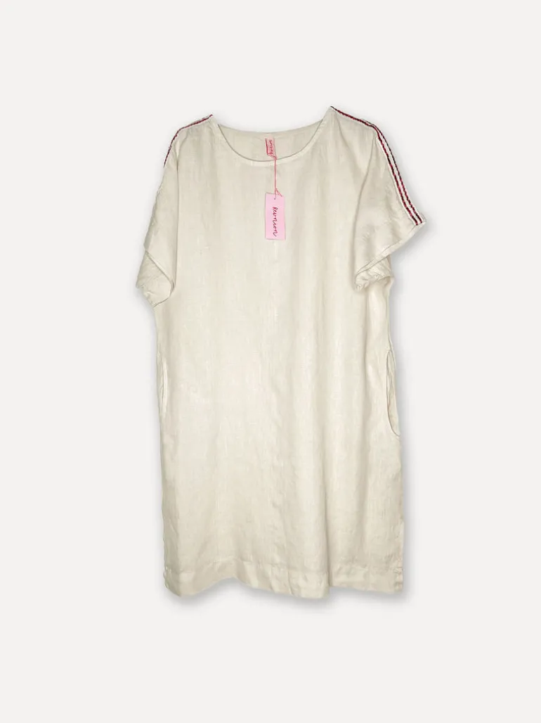 Striped Shoulder Linen Dress, Beige