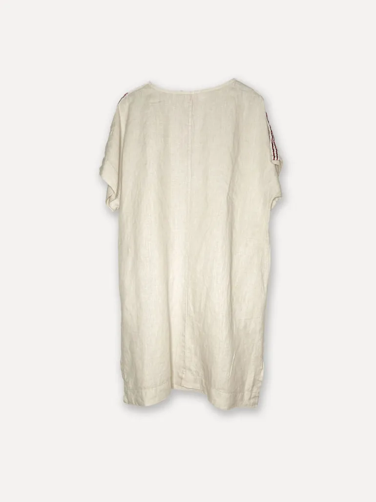 Striped Shoulder Linen Dress, Beige